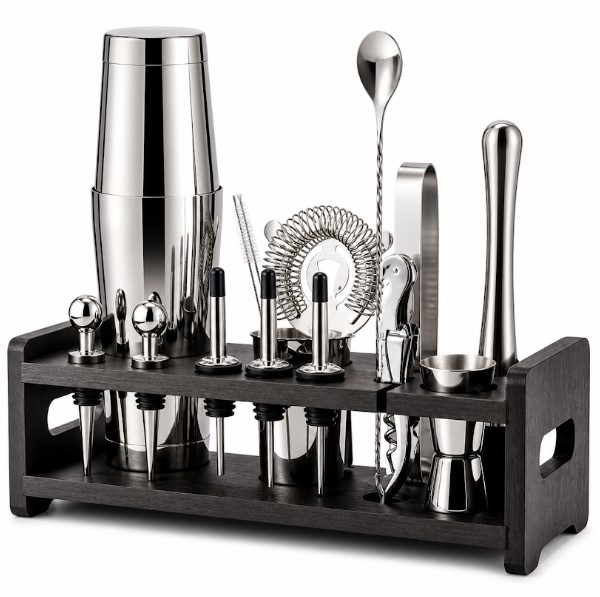KIT DE BAR SILVER PRO X17 PIEZAS CON BASE DE MADERA